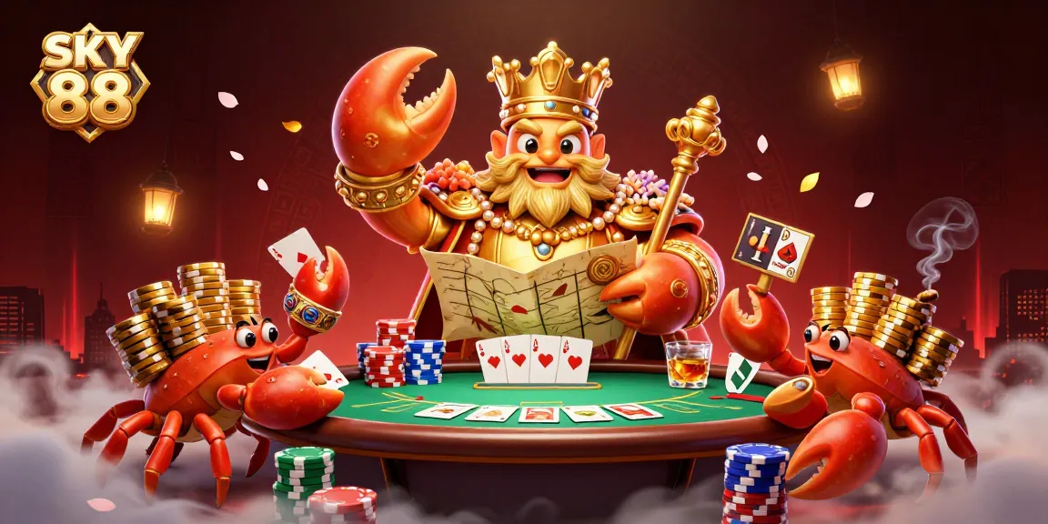 Engage in high-stakes action at SKY 88 with a vibrant illustration of a golden crab emperor and poker elements.