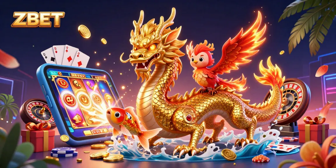 ZBET offers thrilling payouts with a fierce dragon, golden koi, and vibrant gaming elements in this 3D scene.