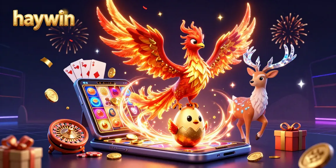 Experience haywin's thrilling gaming world where a phoenix rises alongside vibrant slot games and exciting casino elements.
