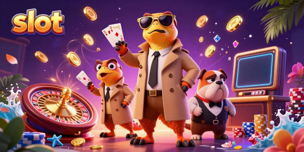 Experience thrilling slot action with cartoon raptors attempting VIP entry in a lively casino scene.