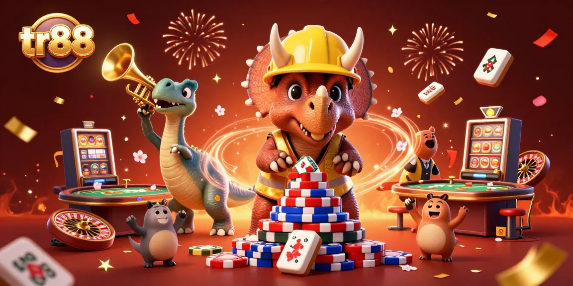 tr88 casino scene with a triceratops building poker chips celebrating gambling wins