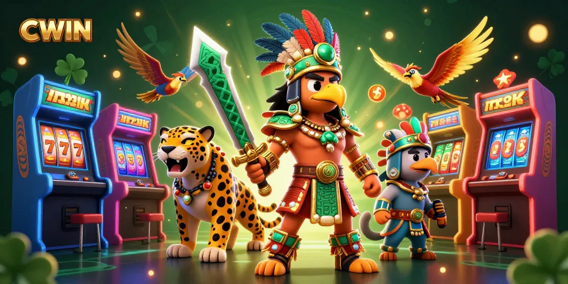 CWIN engages players with a vibrant, colorful scene of Aztec warriors and arcade-style game elements for an exciting casino experience