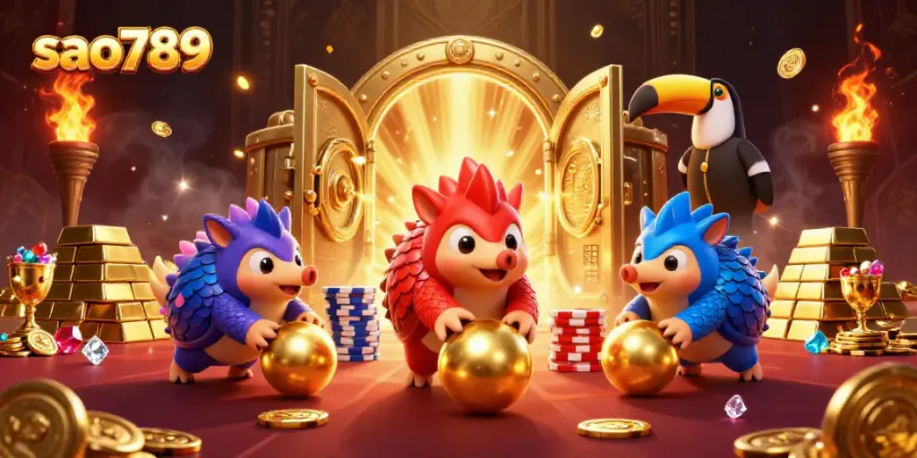 Sao789 features a lively competition between two pangolins in a vibrant casino setting, showcasing exciting winnings.