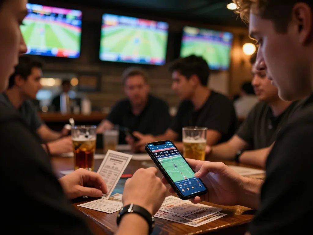 Active sports betting moment at https://rr88.autos/ with engaged player using smartphone app in lively bar.
