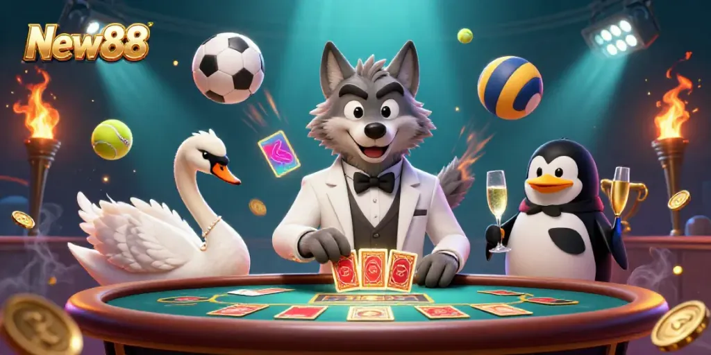 Experience thrilling matches and games at New88 casino with vibrant characters and elements showcasing excitement.