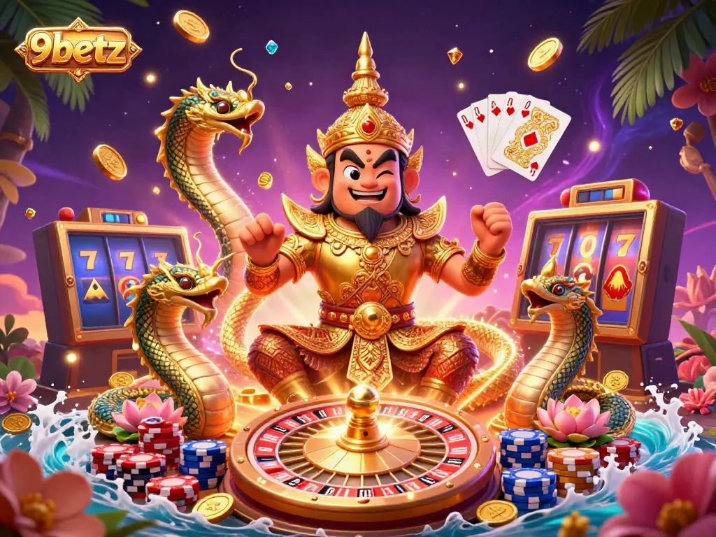 Experience thrilling gameplay at 9betz with golden coins and vibrant casino elements.