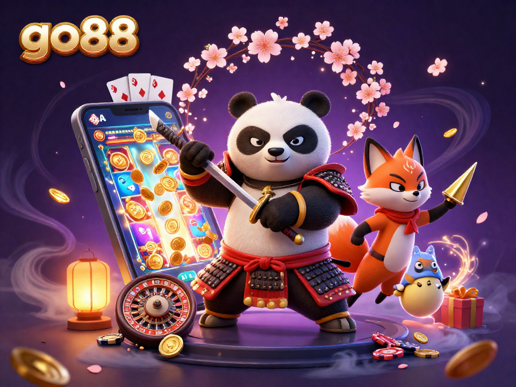 Win exciting jackpots at go88 with a dynamic scene of a samurai panda and ninja fox.