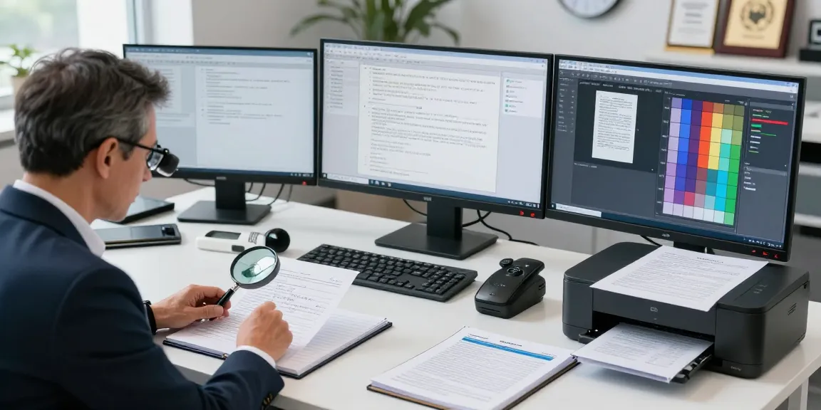 Forensic expert conducting document fraud detection analysis in a modern workspace.