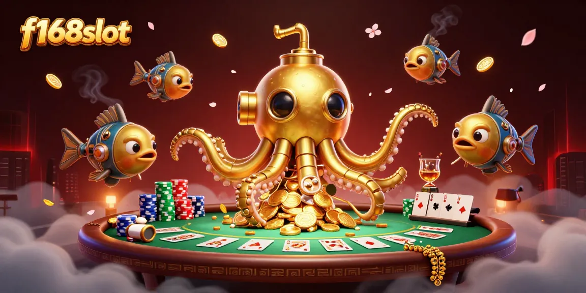 Experience thrilling gameplay at f168slot featuring a golden kraken submarine and poker elements.