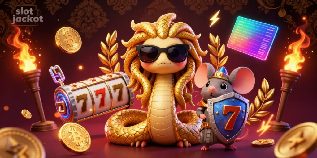 Engage in vibrant slot jackpot action with a Medusa character and warrior mouse, enriched with coins and game themes.