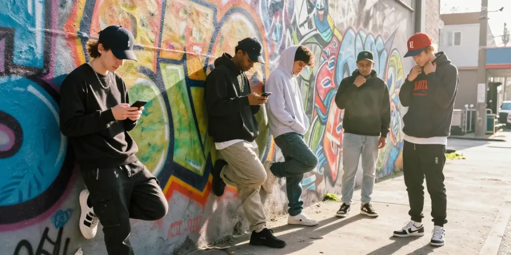 Stylish individuals in vibrant streetwear representing rokok88 super culture against an urban backdrop.