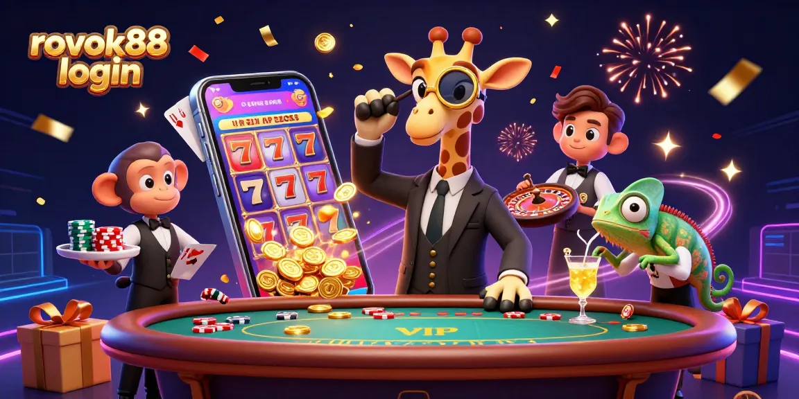 Experience winning with rokok88 login in an exciting casino-themed illustration featuring characters and gaming elements.