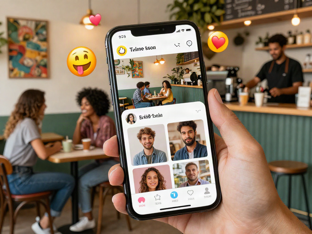 Engaging smartphone interface showing profiles for users with crush on potential matches in a lively café