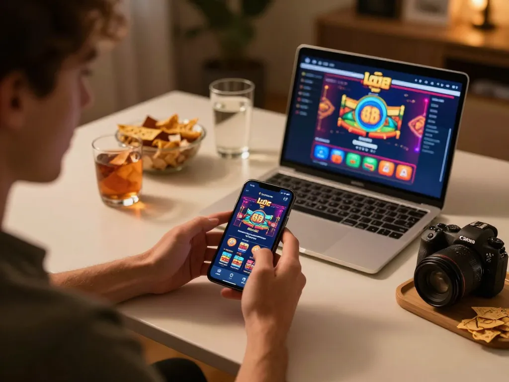 Lode 88 player interacting with casino app on smartphone, immersed in strategic betting experience.