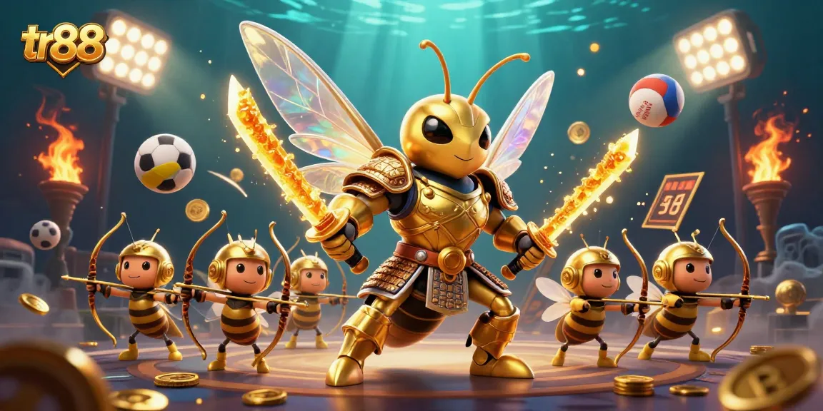 Engage with tr88 while enjoying an exciting scene of a hornet in samurai armor amidst sports elements, illustrating a vibrant online casino adventure.