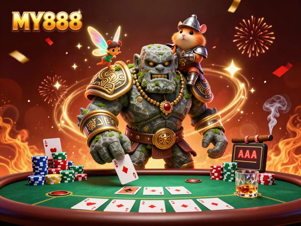 Experience the thrilling atmosphere of MY888 with vibrant casino characters and exciting poker elements.