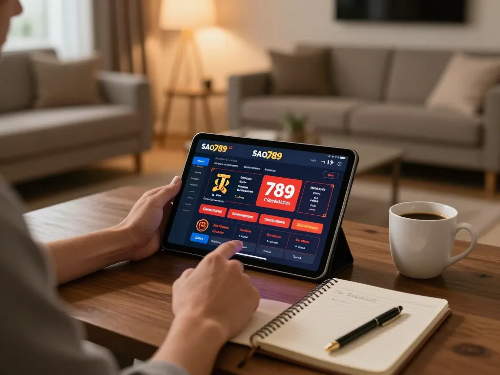 Sao789 user engaging in online casino betting strategy at home with tablet interface.