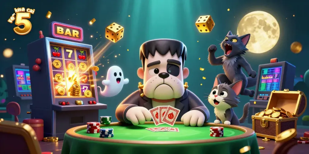 Engaging scene of keo nha cai 5 with cartoon characters at a casino table, vibrant slot machine effects.