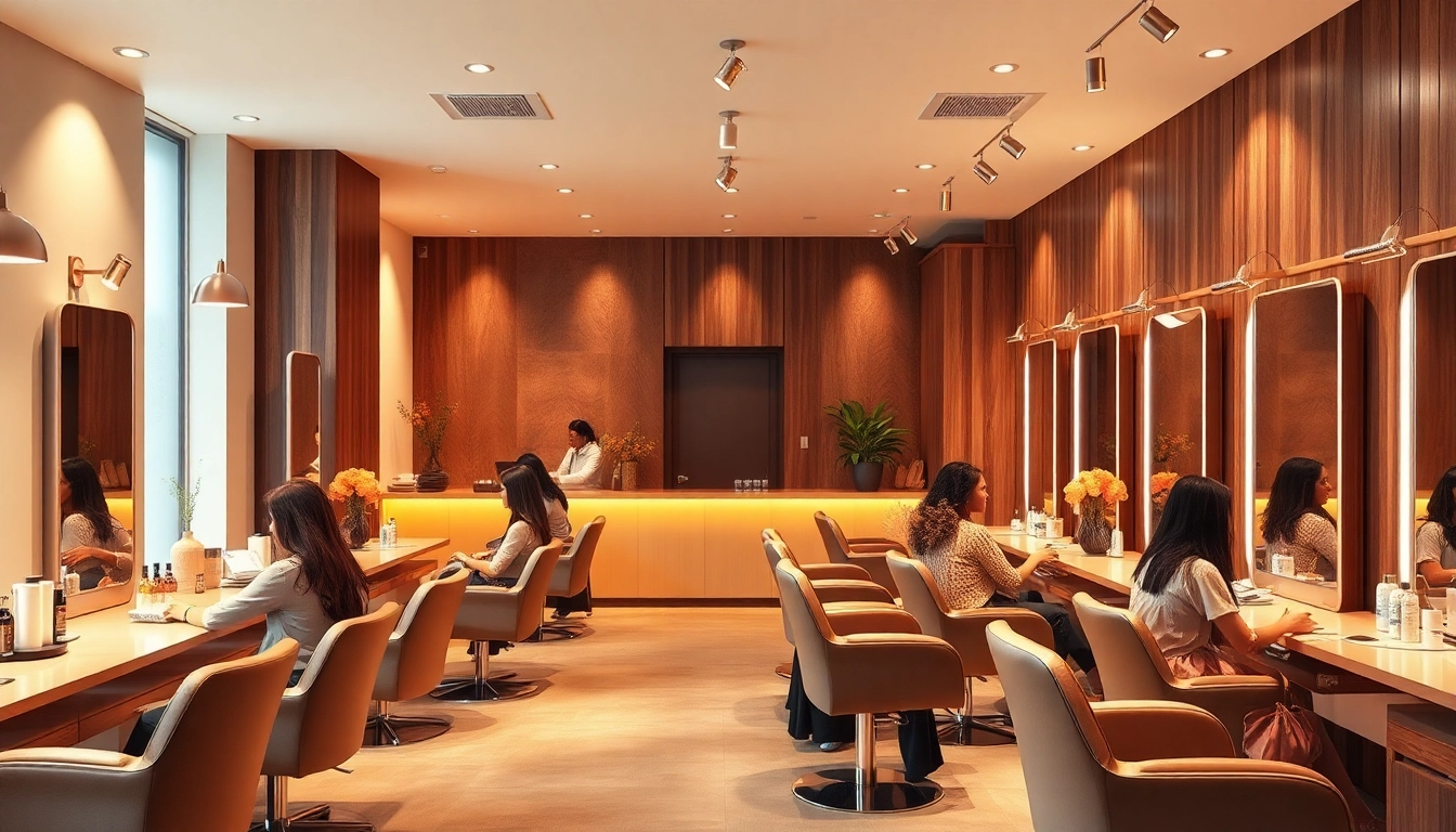 Friseursalon interior with modern styling stations and inviting atmosphere, showcasing diverse clients and elegant decor.