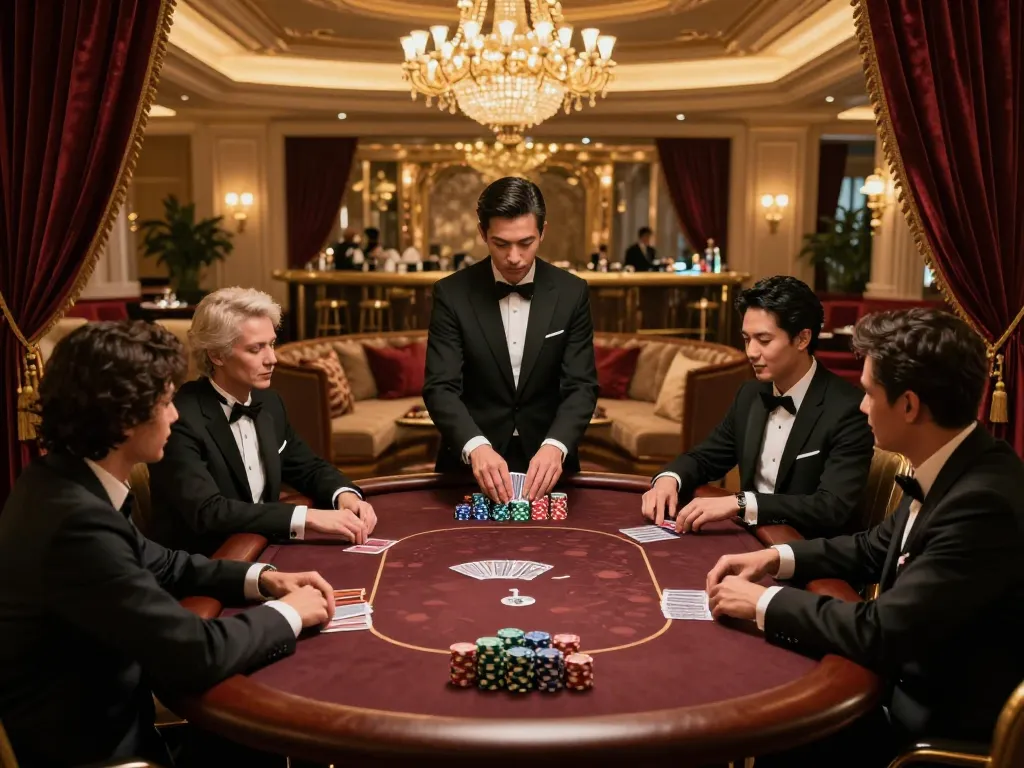 FIVE88 players engaged in high-stakes poker at a luxurious casino table.