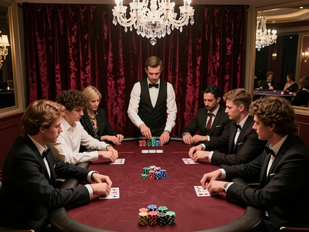 Players engage in an intense poker match at 33winvn's upscale casino setting, showcasing strategic gameplay.