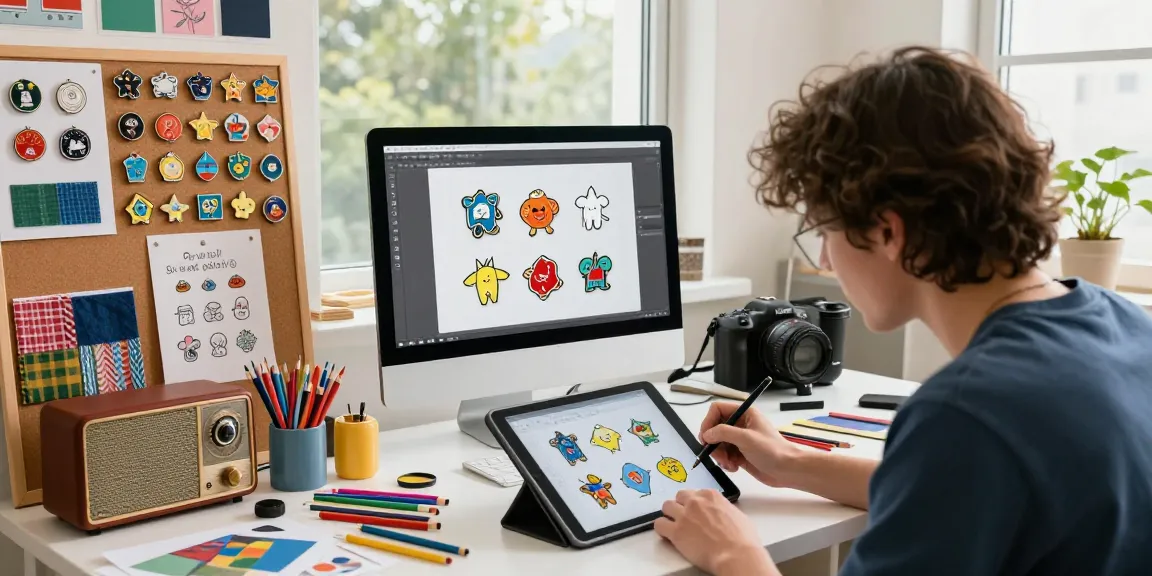 Creative workspace with a designer sketching custom enamel pins, showcasing vibrant colors and artistic supplies.