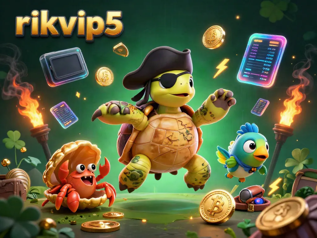 Experience rich gameplay with rikvip5, featuring a pirate turtle and colorful sea creatures in a treasure-filled casino scene.