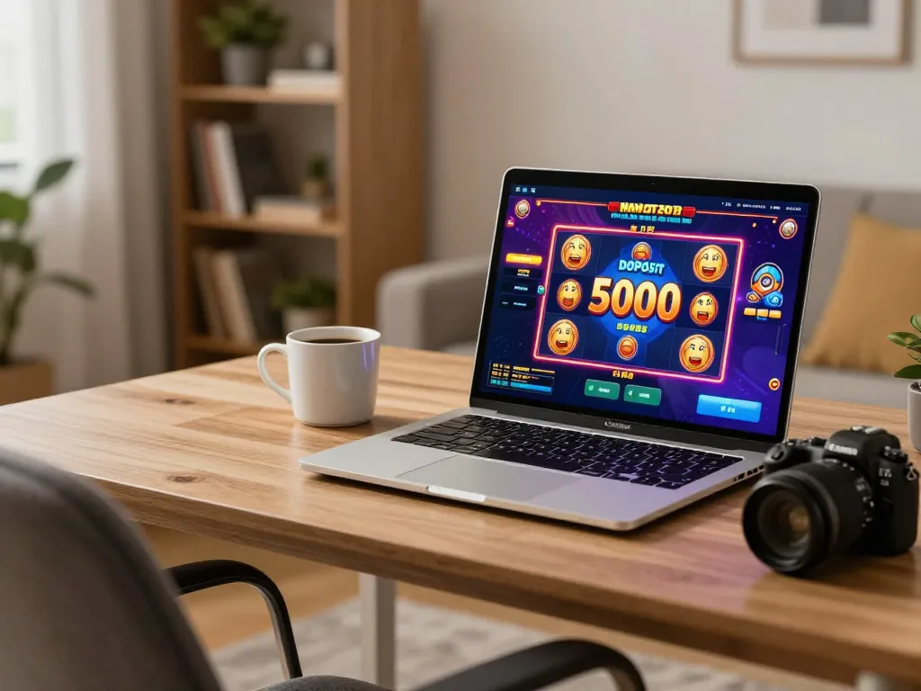 Playing a thrilling slot deposit 5000 game on a laptop at home with colorful graphics