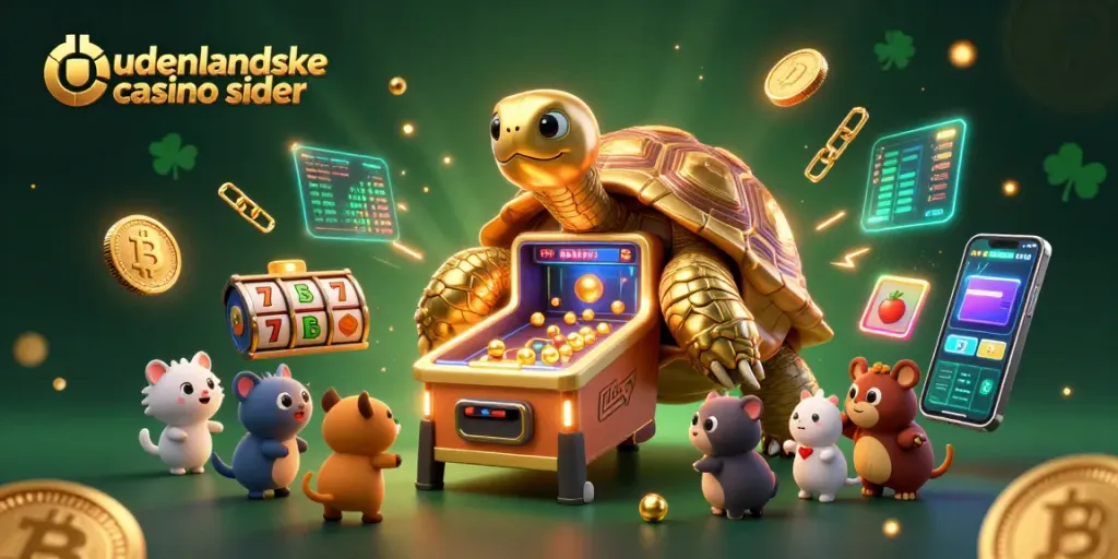 Engage with udenlandske casino sider through a vibrant scene of a golden tortoise pinball and excited animals.