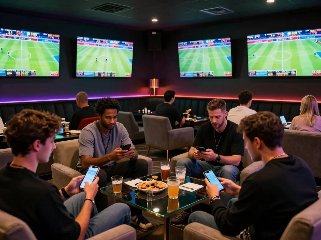 Enthusiastic sports betting scene showing active analysis of tỷ lệ kèo nhà cái hôm nay on smartphones, highlighting excitement and strategy