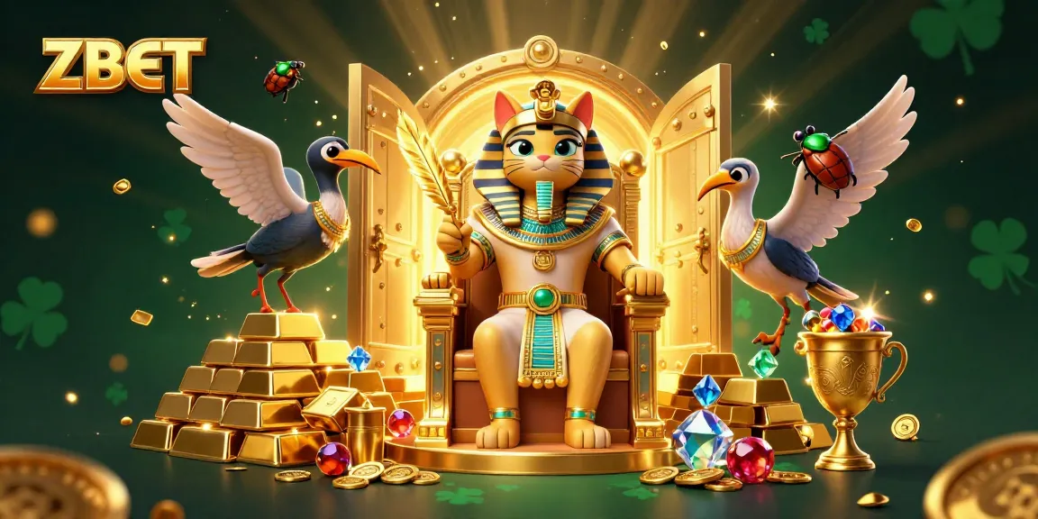 ZBET delivers winning strategies with a 3D illustration of an Egyptian pharaoh cat surrounded by treasures.