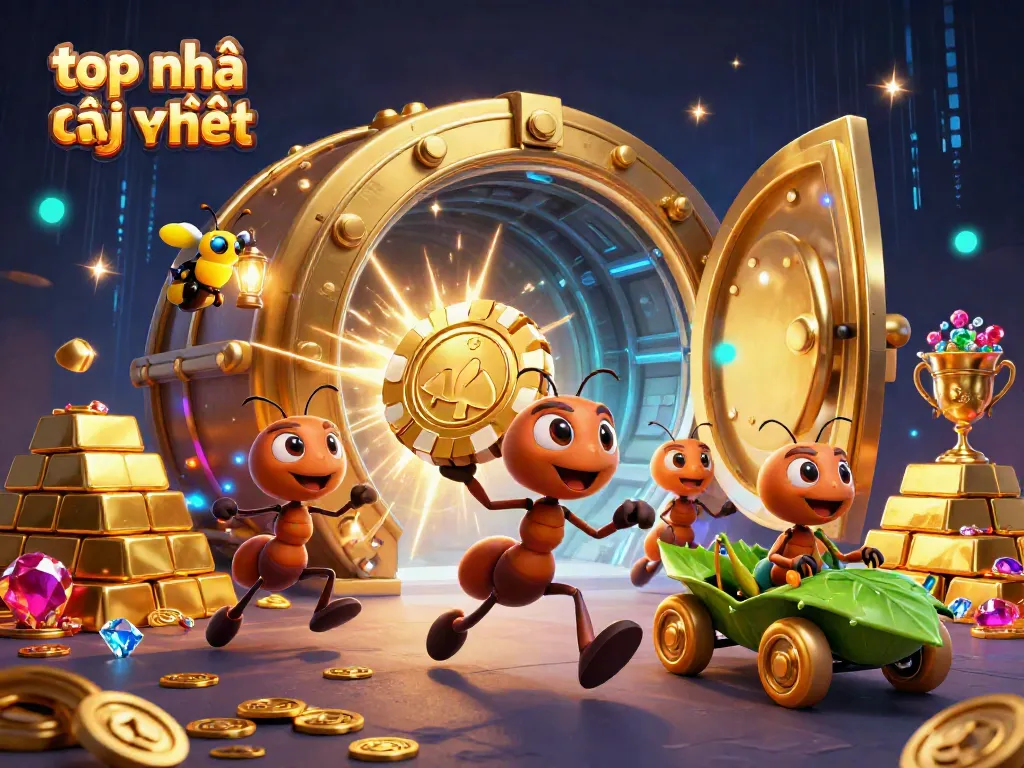 Engaging illustration of top nhà cái uy tín with cartoon ants and vibrant casino elements, showcasing gambling excitement.