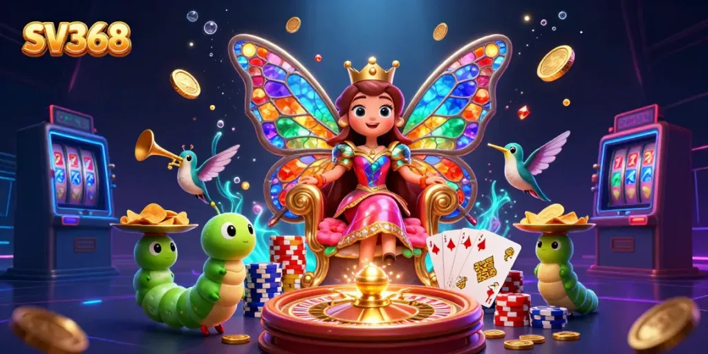Experience SV368 with a vibrant 3D illustration showcasing jackpot elements, a butterfly queen, and lively casino gaming action.