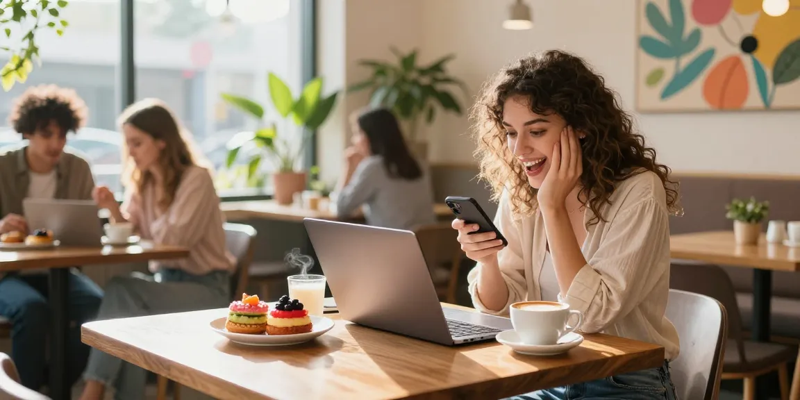 Youthful woman sharing excitement about her crush on someone in a trendy cafe.