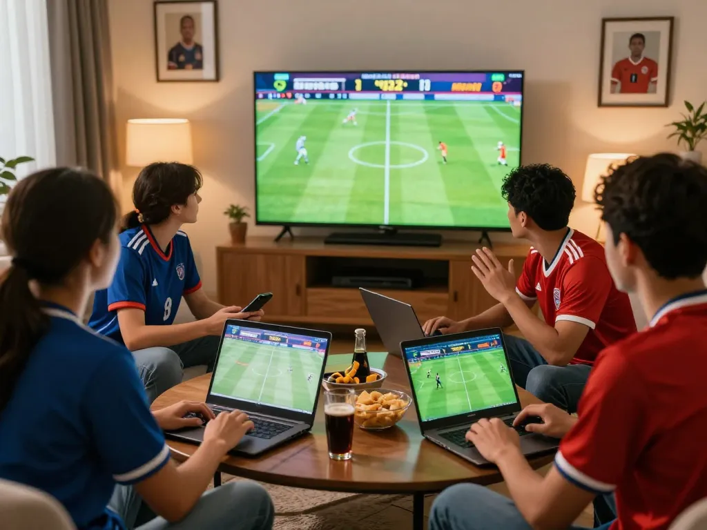Excited friends engaging with 1gom while watching a live football match and placing bets in a cozy setting.