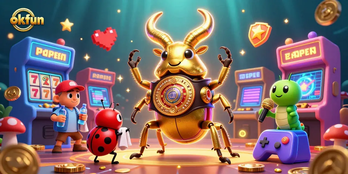 Engage in exciting gameplay at okfun with a vibrant 3D casino scene featuring animated characters and slot elements.