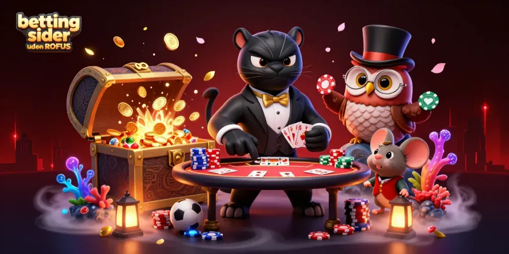 Engaging scene of betting sider uden ROFUS with stylish characters, vibrant casino elements, and poker excitement.