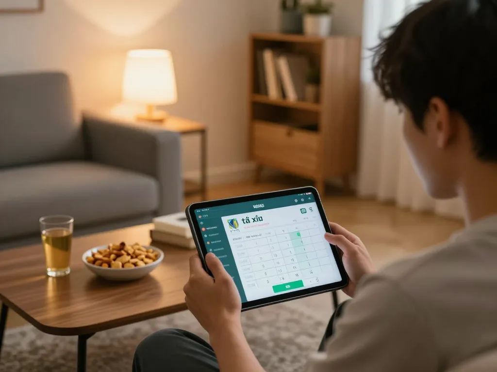 Engaged player using app tài xỉu online on tablet at home, showcasing strategic gaming atmosphere