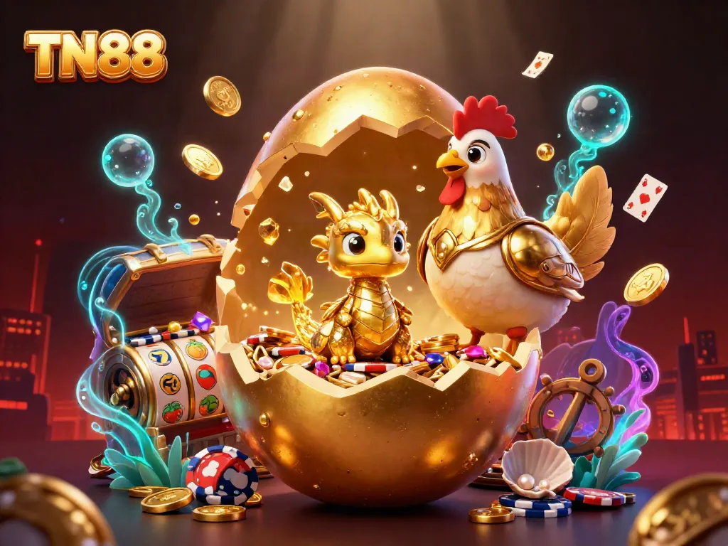 Experience the excitement of TN88 with a golden dragon guarding poker chips and vibrant slot reel elements.