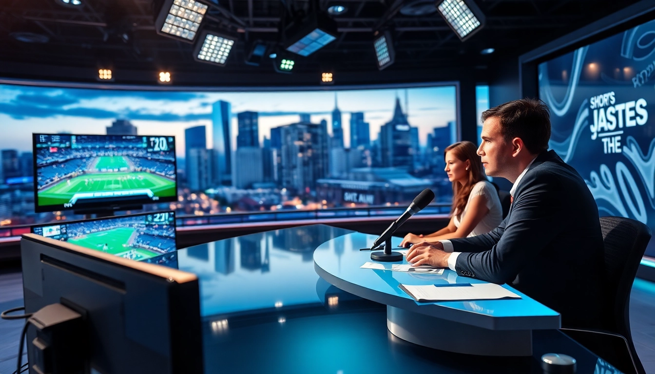 Engaging sports broadcasting scene showcasing live anchors reporting exciting sports events.