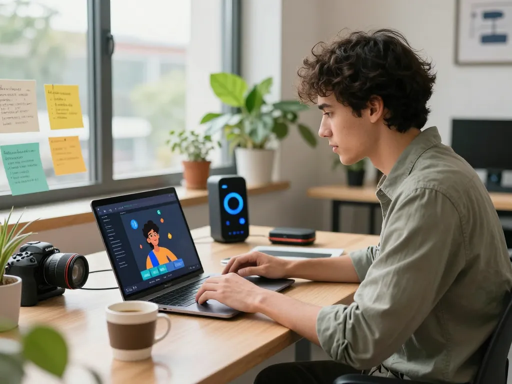 Diving into crush ai interactions in a modern office setup, showcasing vibrant character animations on a user's laptop.