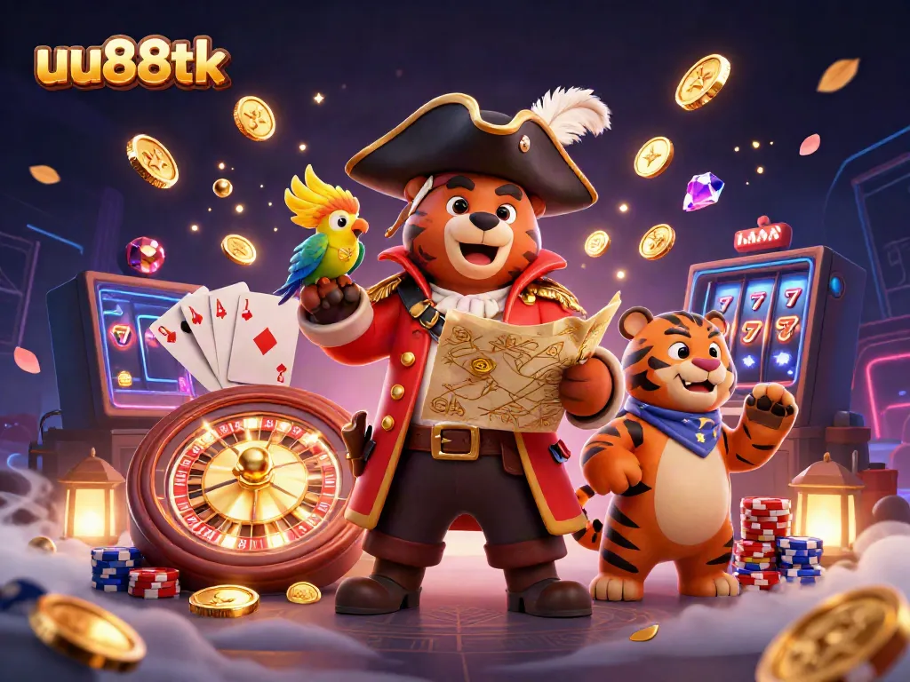 Experience thrilling gaming at uu88tk with captivating 3D casino characters surrounded by coins and cards.