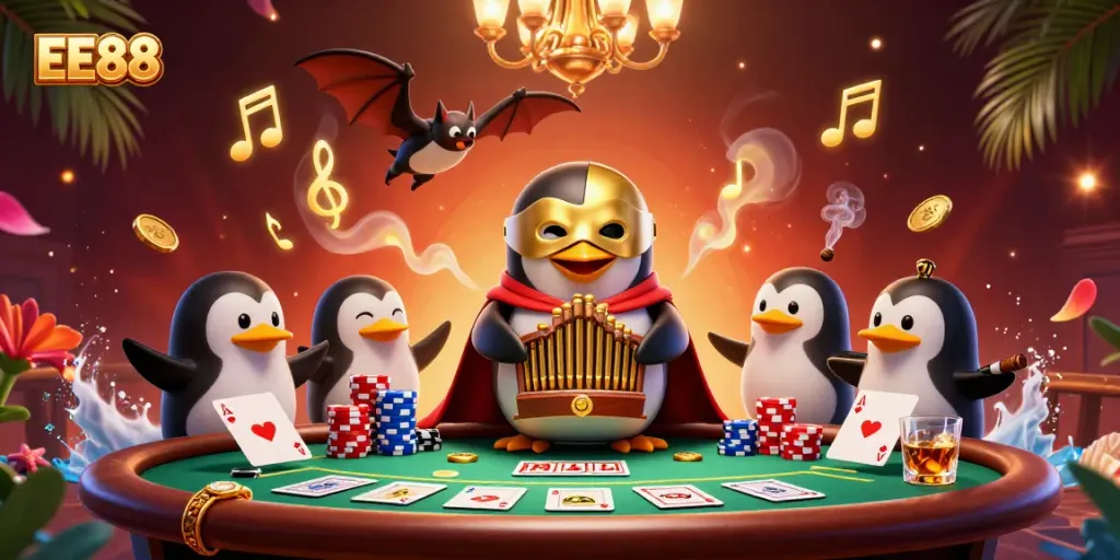 EE88 brings excitement as the penguin plays a golden coin-shooting organ amidst poker action.