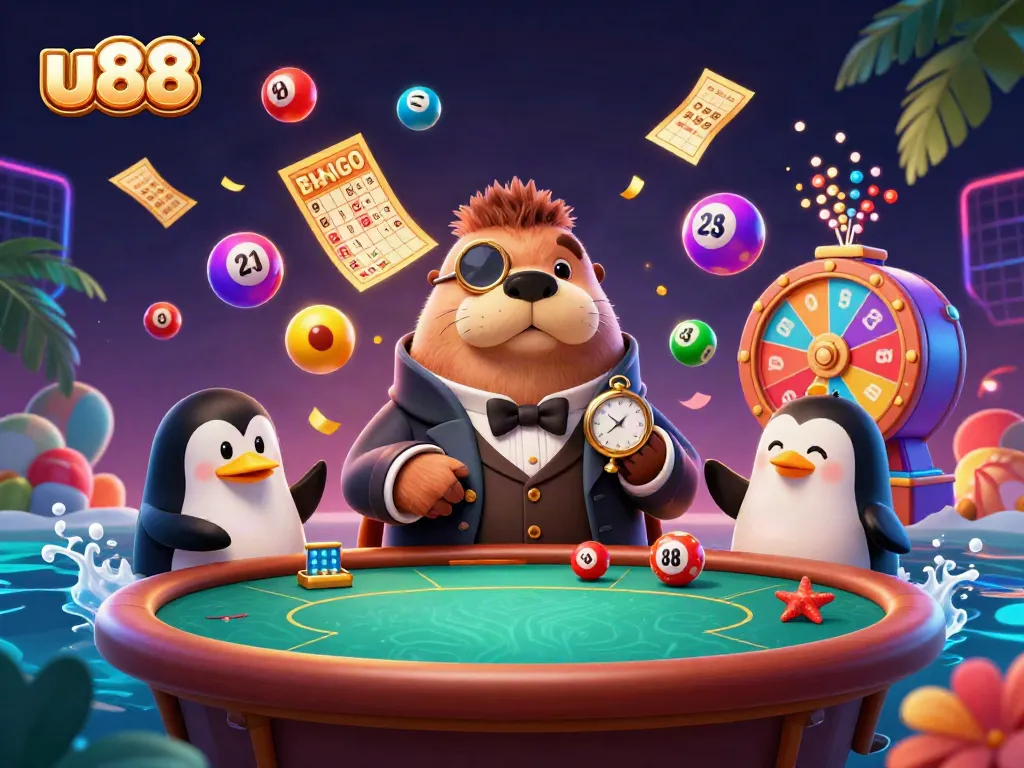 Experience excitement with u88 as a walrus plays poker in an underwater casino scene.