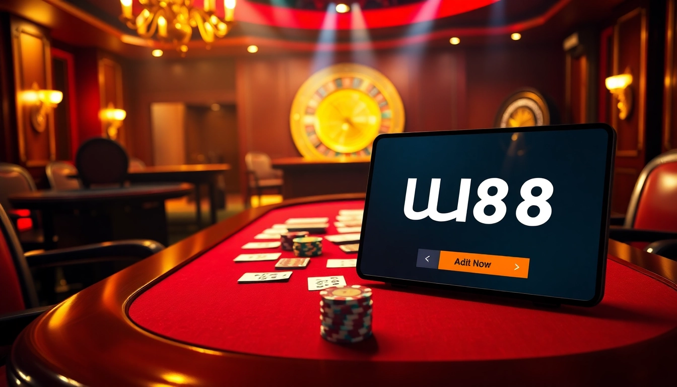 UU88 online platform featured in a luxurious casino setting with poker chips and cards.