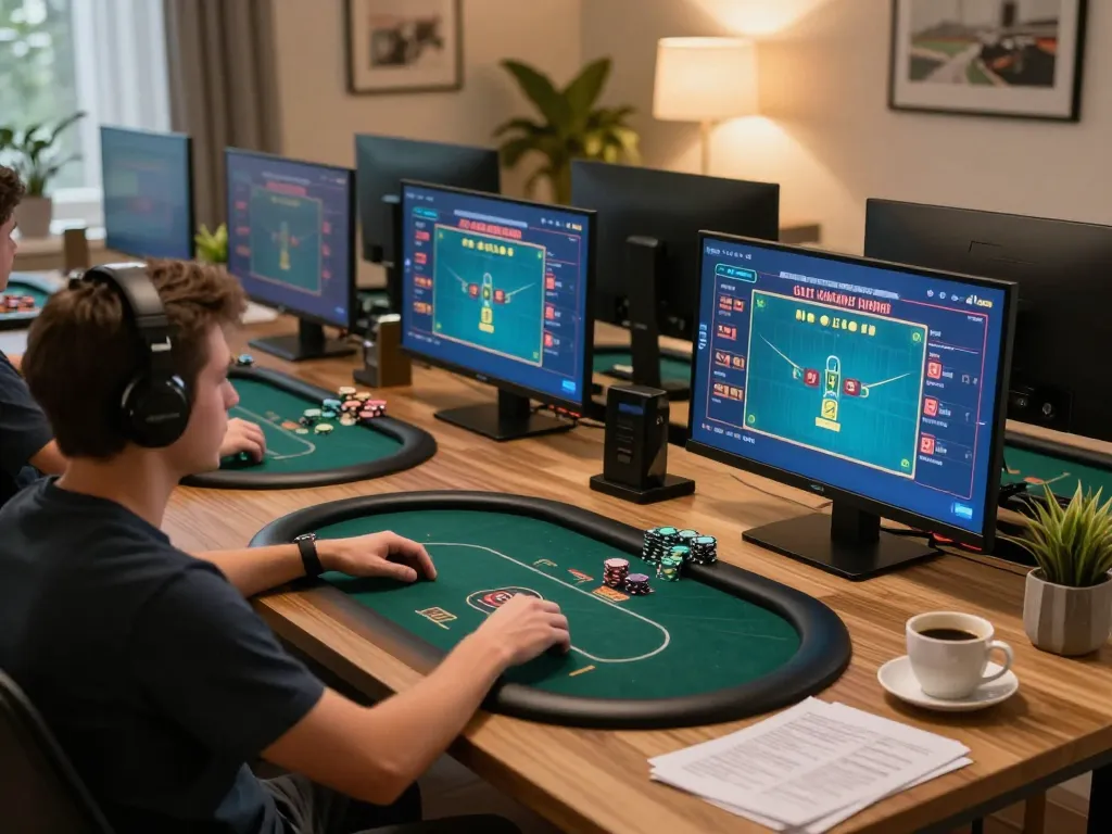 Engaged player using online casino platform https://lc88.it.com/ during a strategic poker session in a cozy home environment