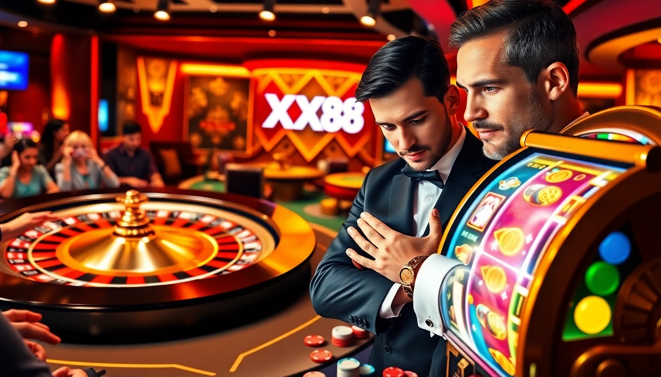 Experience the thrilling atmosphere of XX88 casino with vibrant gaming action and exciting gambling elements.
