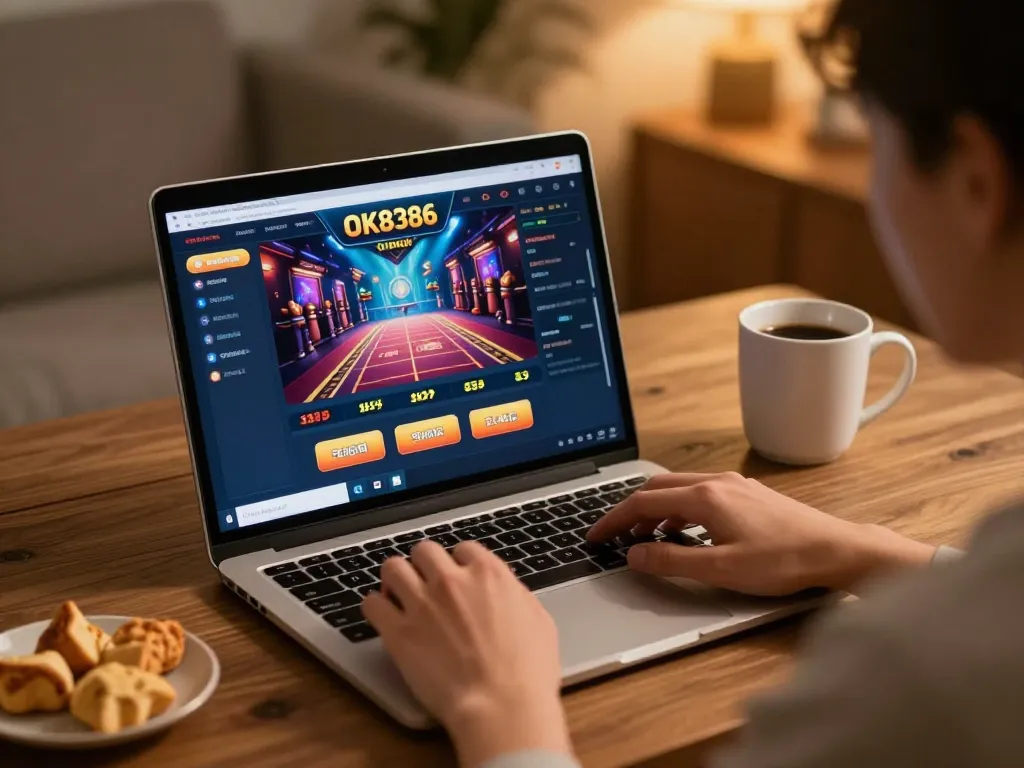 Engaging in online gaming at https://ok8386.autos/ with vibrant casino interface on laptop, cozy home setup.