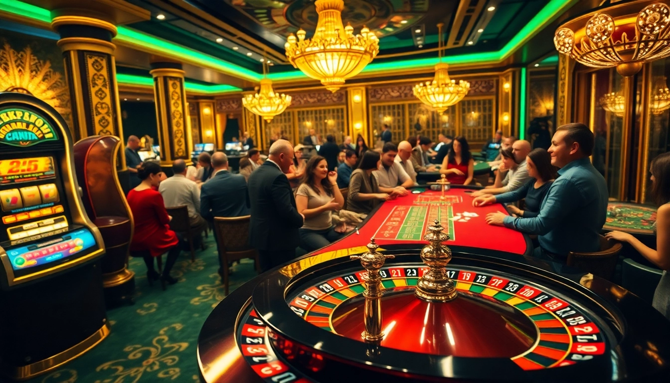 Players celebrating a win at a luxury casino with vibrant 23win-themed elements.