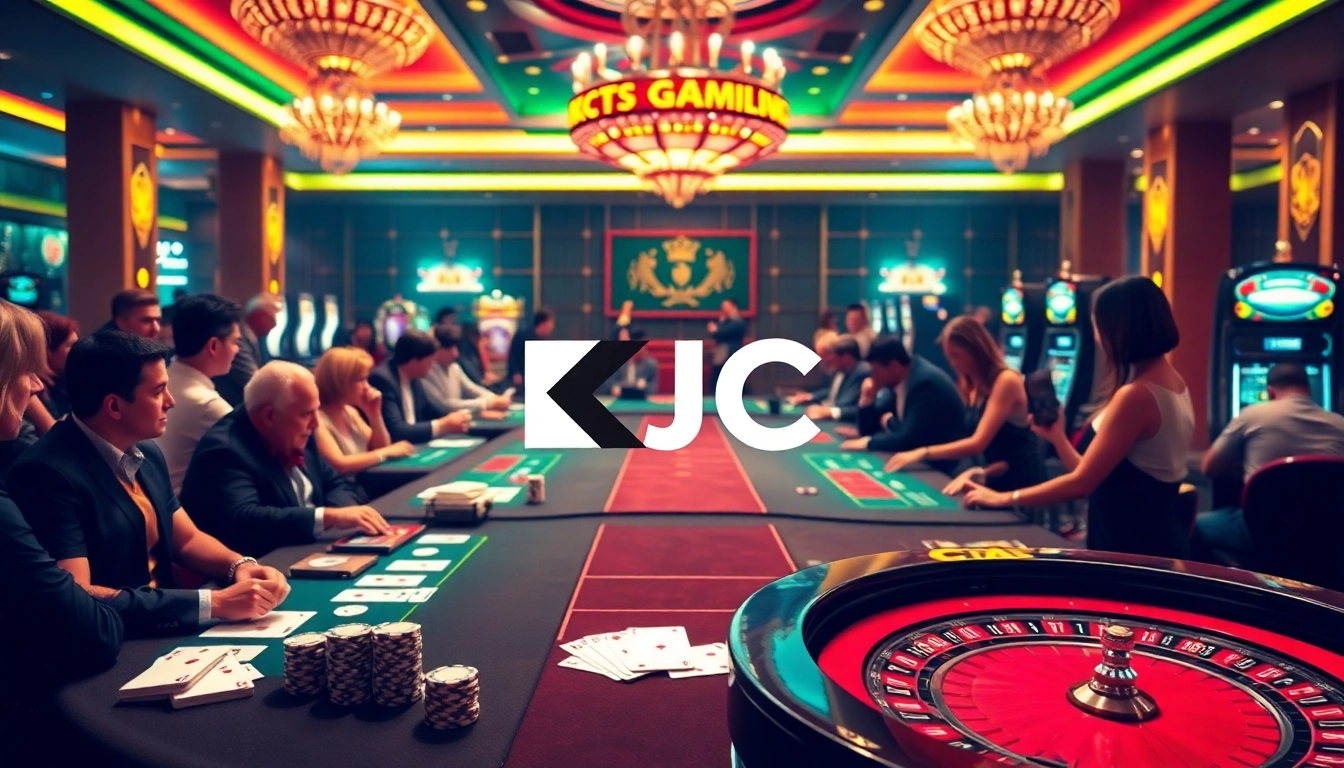 A thrilling gambling atmosphere featuring liên minh KJC with players at casino tables, cards, and chips.